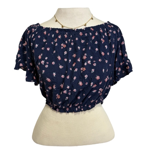 Full Tilt Tops - Full‎ Tilt Navy Blue Floral off the shoulder retro stretch Blouse